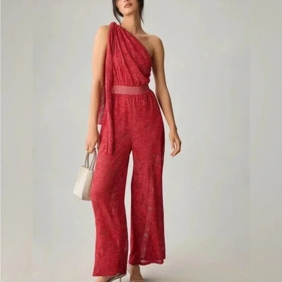 Anthropologie Cecilia Prado Jumpsuit Draped One Shoulder in Red Metallic